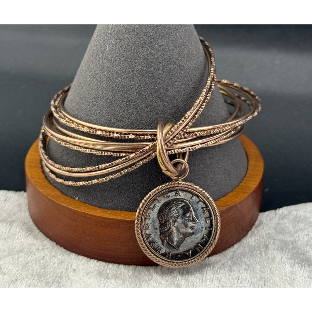 Vintage Estate Bangle Bracelet Copper Tone Italian Coin Pendant 8"